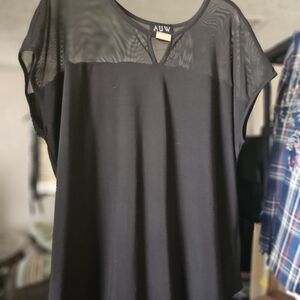 AUW Black Short Sleeve Top with Sheer Mesh Yoke